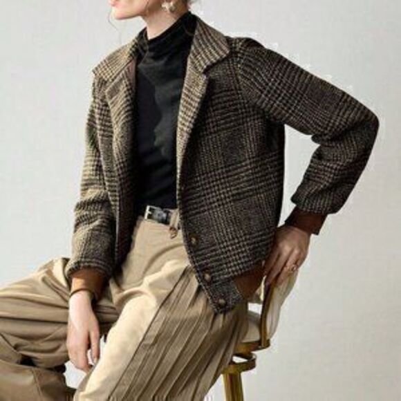 Jackets & Blazers - Brown Elegant Women's Plaid Woven Turndown Collar Sleeve Buttoned Jacket